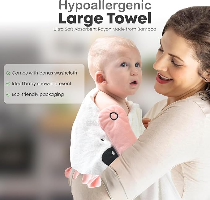 POCASOPA Hooded Towel with Cute Cow Design - Rayon Made from Bamboo Baby - Ultra Soft, Absorbent & Hypoallergenic - Large 35x35” Organic Towel for Newborns, Toddlers & Kids