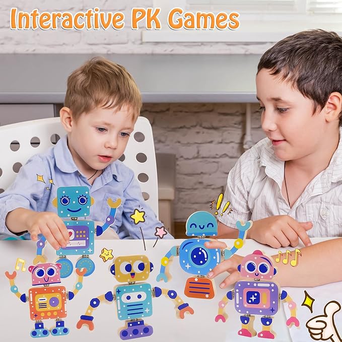 Robots Wooden Snap-Together Building Toys – 28-Piece STEM Montessori Educational Blocks for Toddlers Ages 3–6 | Fine Motor Skills Development | Safe, Durable, Creative Robot Toys Gift for Kids