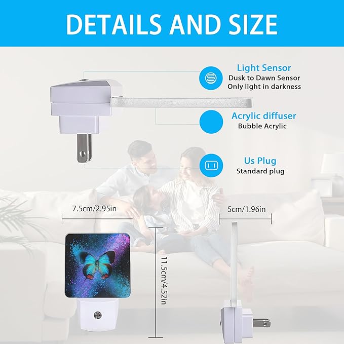 Night Lights Plug into Wall Colorful Blue Butterfly Night Lights Dusk to Dawn Sensor Led Lamp for Women Men,Led Lights for Stairway/Hallway/Bedroom,0.5W