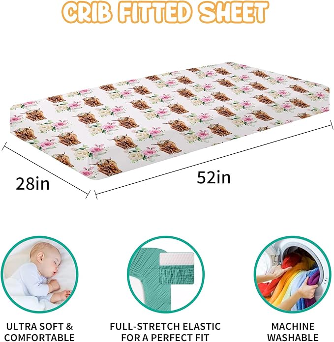 Baby Crib Bedding Set - Highland Cow Design Nursery Bed 3 Pcs Set - Chic Soft Blanket with Dotted Backing, Sheet, Pillowcase for Newborns Girls Boys Gifts Color01
