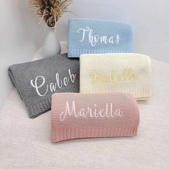 Luxury Personalized Name Knitted Baby Blanket -Embroidered, Soft Breathable Cotton Knit for Newborns - Valentine's Gift for New Moms, Baby Boy, Girl Birthday, Christmas.