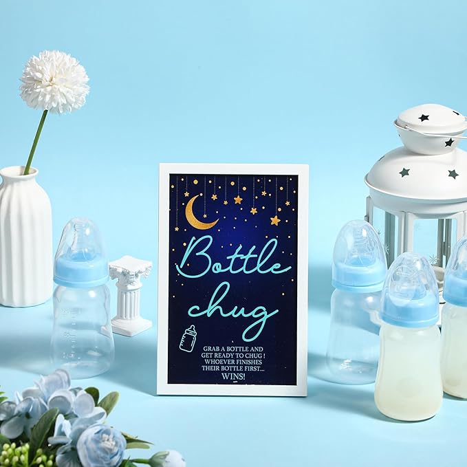 Roowest Bottle Chug Baby Shower Game Favors Including Moon Star Theme Wooden Sign and 18 Pcs Baby Bottles for Gender Reveal Party Supplies
