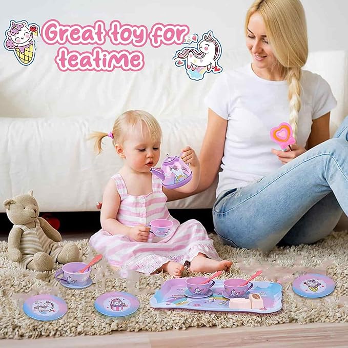 19Pcs Unicorn Tea Party Set – Birthday Gift for Girls Ages 3-6, Princess Pretend Play Kitchen Toy with Tin Tea Set