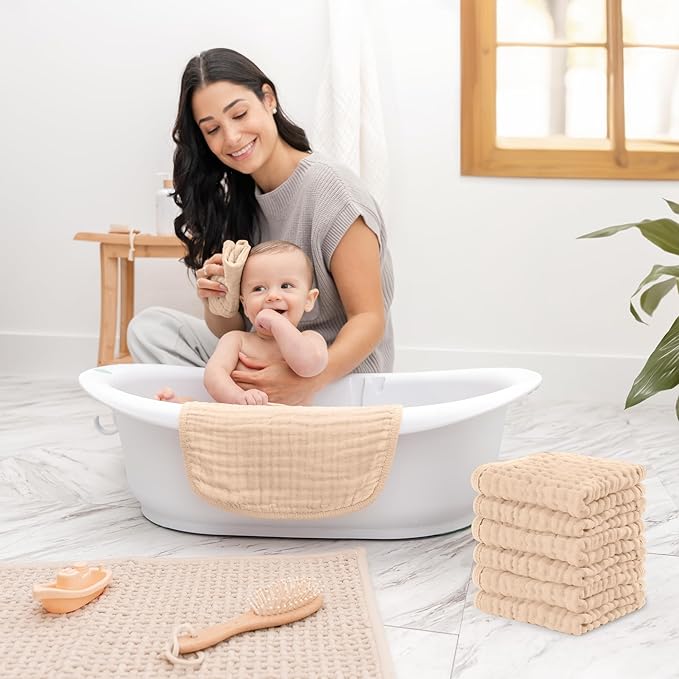 Comfy Cubs Muslin Baby Washcloths 6 Pack - Soft 6-Layer Cotton Wash Cloths for Sensitive Skin - 10"x10" Large, Gentle, Absorbent Infant Essentials for Newborn and Toddlers - Cream