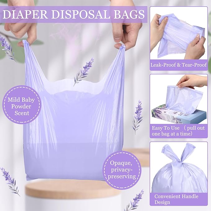 200 Pcs 14 x 8 in Lavender Scented Hygiene Bags Discreet Waste Disposal for Feminine Products, Diaper Disposal or Pet Waste Sacks with Easy-to-tie Tabs