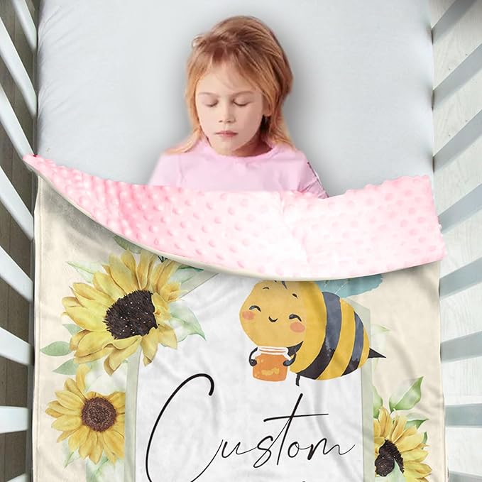Personalized Newborn Blanket – Soft Flannel Receiving Swaddle with Double-Layer Dotted Backing – Bee and Yellow Flower Design