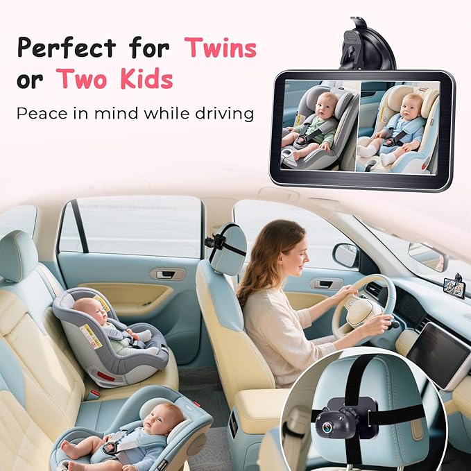 2-Kids Baby Car Camera Recording: HD 1080P Dual Backseat Cameras with 7” Split-Screen Display - Night Vision, 360° Rotation, Easy Installion for Twins & Siblings