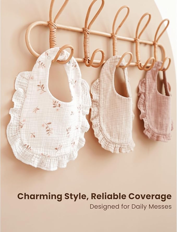 Konssy Muslin Baby Bibs for Girls – Soft 100% Cotton Drool Bibs, Ruffle Trim for Newborns & Toddlers 0-36 Months 3-Pack