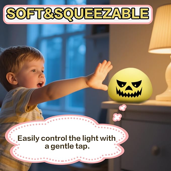 Funny Devil Pumpkin Night Light - Color Changing Half-Sphere Silicone Lamp, Battery Powered, Dimmable Glow for Halloween Christmas Decor, Novelty Gift (Yellow)