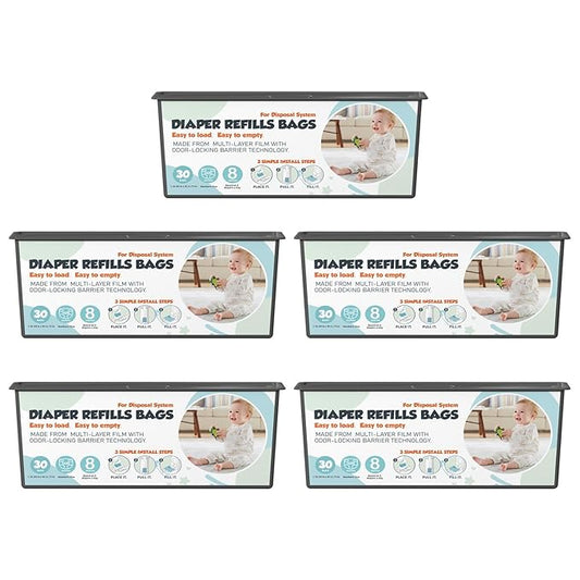 Diaper Pail Refills Bags with 30 Bags Compatible with Genie Easy Roll Signature and Platinum Diaper Pails, 7-Layer Odor-Barrier Technology, 5 Pack (150 Bag)