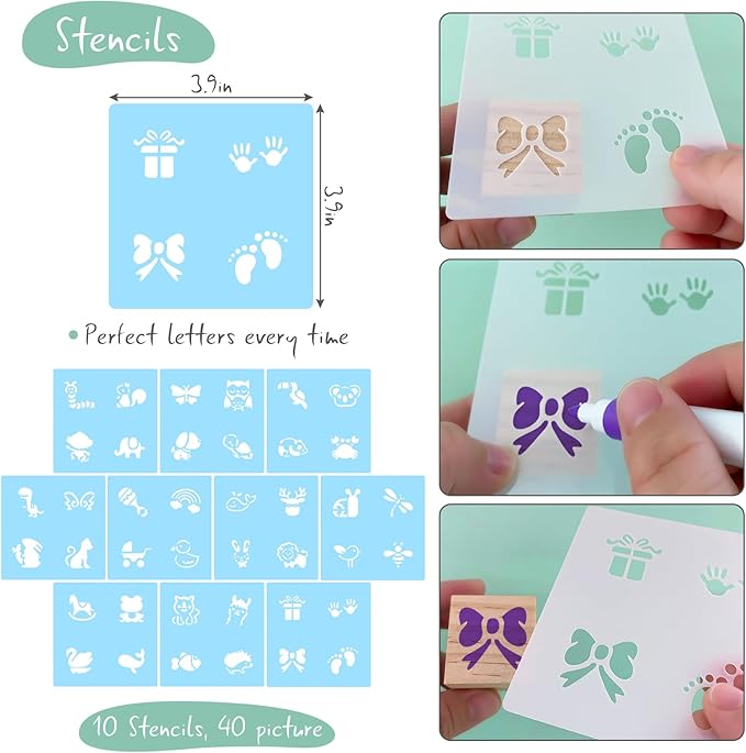 117 Pcs Baby Shower Blocks to Decorate Game Kit Includes 52 Wooden Blocks 24 Markers 1 Game Sign 40 Templates to Paint (Kraft)