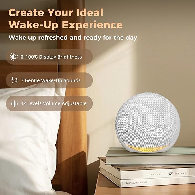 Sound Machine Alarm Clock for Bedroom: 25 Natural Sleep Sounds - White Noise Machine for Adults Kids Baby - Gentle Wake Up Alarm with Bluetooth Speaker - Frost White