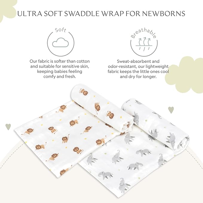 Muslin Baby Swaddle - Breathable Receiving Blankets for Newborn Baby, 70% Viscose derived from Bamboo, 30% Spandex, Imported