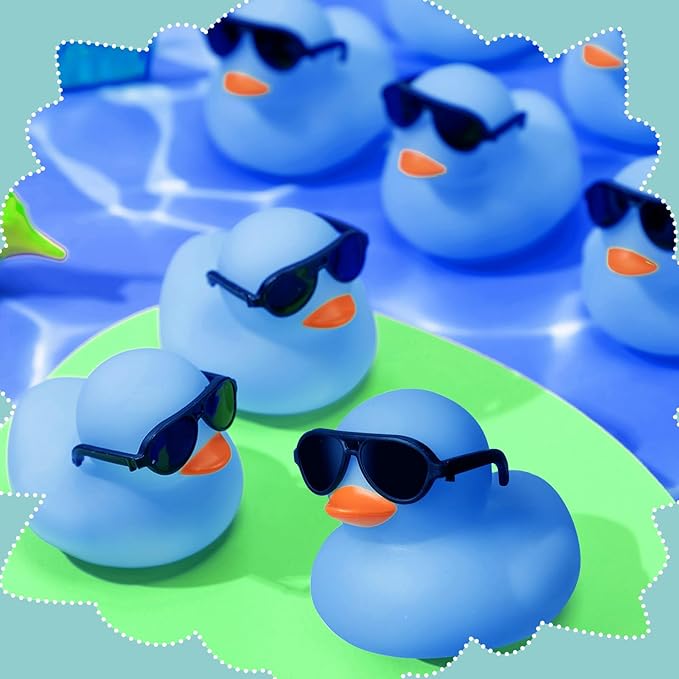 Meooeck 60 Pcs Glow in The Dark Mini Rubber Ducks with Sunglasses 2.2 Inch Squeaky Floating Bath Toys for Shower Kids Party,Blue