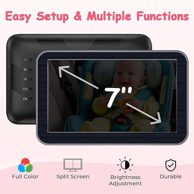 2-Kids Baby Car Camera Recording: HD 1080P Dual Backseat Cameras with 7” Split-Screen Display - Night Vision, 360° Rotation, Easy Installion for Twins & Siblings