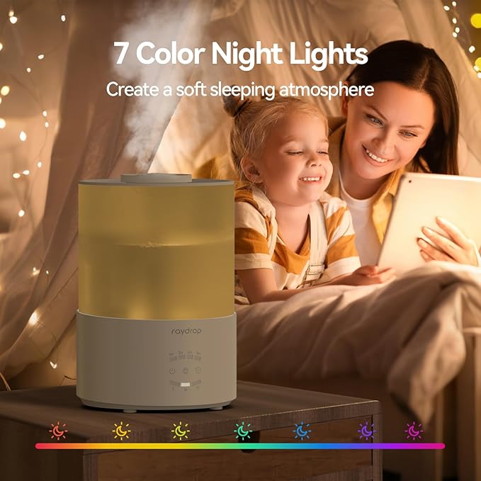 raydrop Humidifiers for Bedroom, 3.0L Cool Mist Humidifiers for Large Room & Home, Top Fill Air Humidifier for Baby Nursery & Plants, Essential Oil Diffuser with Color Lights, Timer, Auto Shut-Off