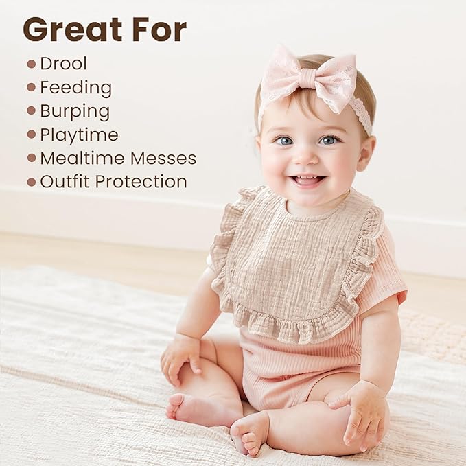 Konssy Muslin Baby Bibs for Girls – Soft 100% Cotton Drool Bibs, Ruffle Trim for Newborns & Toddlers 0-36 Months 3-Pack