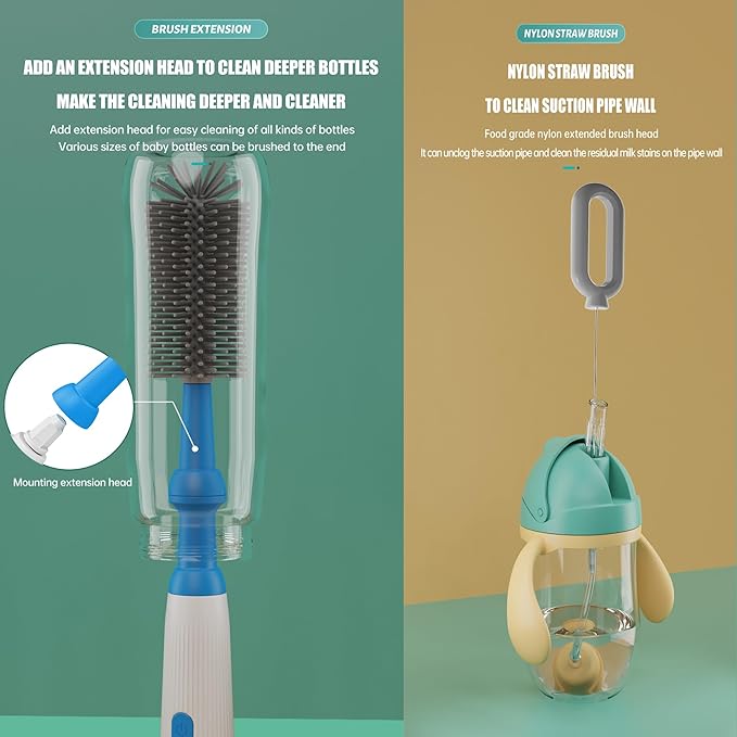 Electric Bottle Brush Set with Baby Bottle Brush 4-Piece,Bottle Brush,Nipple Brush,Straw Brush and Extension Handle,USB Rechargeable,Gift for Pregnant Women and New Moms (Grey)