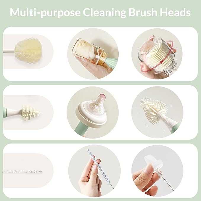 Baby Bottle Brush Kit with Push-Press Bubble and Drying Rack for Bottle Cleaning, Bendable Bottle Cleaner Brush for Baby Bottles, Breast Pumps, Nipples, Straws and More. Perfect for Home&Travel