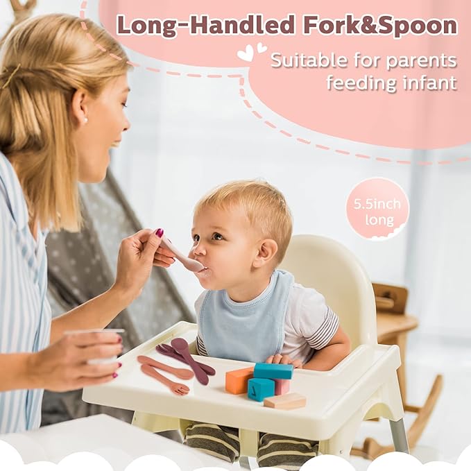 10 Pieces Baby Led Weaning Spoons and Forks Set Infant Silicone Spoon First Self Feed Baby training Utensils for Toddler First Stage Feeding Supplies for Kids Over 6 Months, 5 Pairs (Bright Colors)