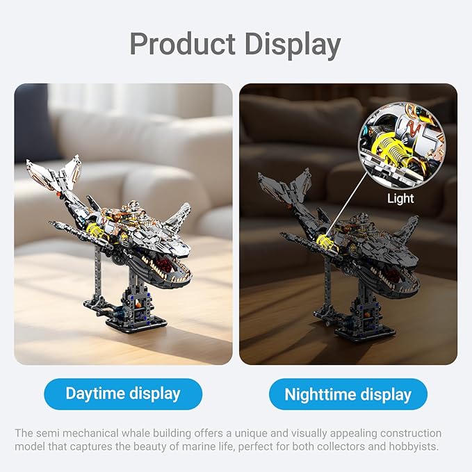 Mechanical Whale Building Set, Sea Animal Building Block Toy, Movable Ocean Animal with Display Stand, Home Decor Gift for Adults Teens Kids Boys（1388PCS）