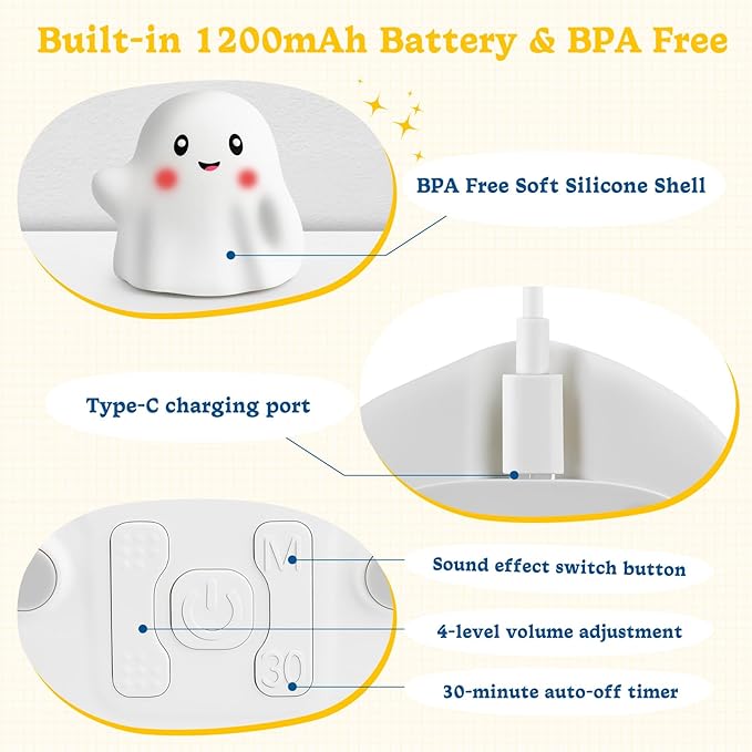Ghost Night Light for Kids, Rechargeable Cute Night Lights with 1200mAh Battery and 19 Sounds/30 Min-Timer/3 Light Modes, 3000K Silicone Touch LED Night Lamp for Mom Bedroom Christmas Decor