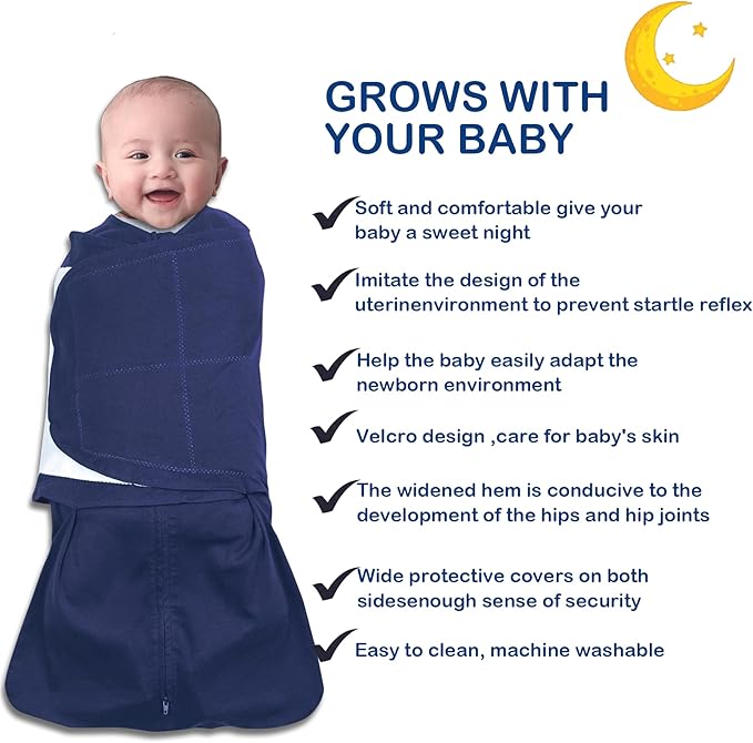 Baby Sleep sack Swaddle,Swaddles 3-6 Months,3-Way Adjustable Wearable Transition Blanket 100% Organic Cotton 2-Piece,12-18 lbs,1.0 TOG(Cyan&Navy Blue)