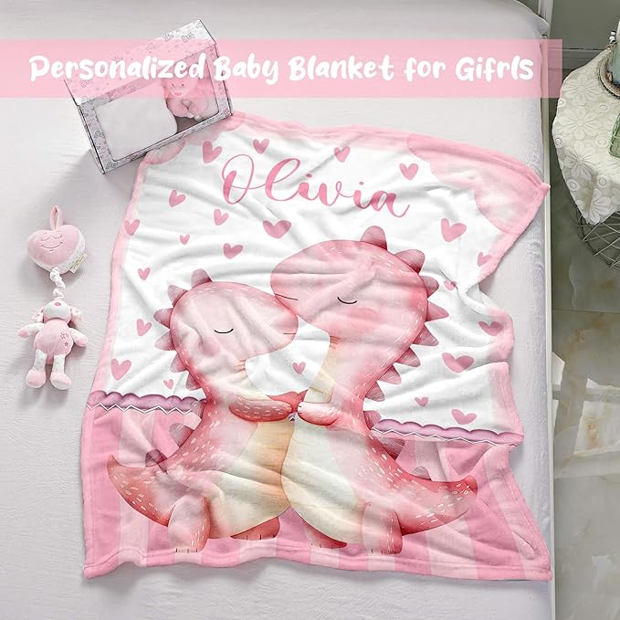 Personalized Baby Blanket for Girls, Custom Baby Blanket with Name, Soft Cozy Personalized Name Blankets for Kids, Customized Dinosaur Blanket for Infant Toddler Birthday Christmas