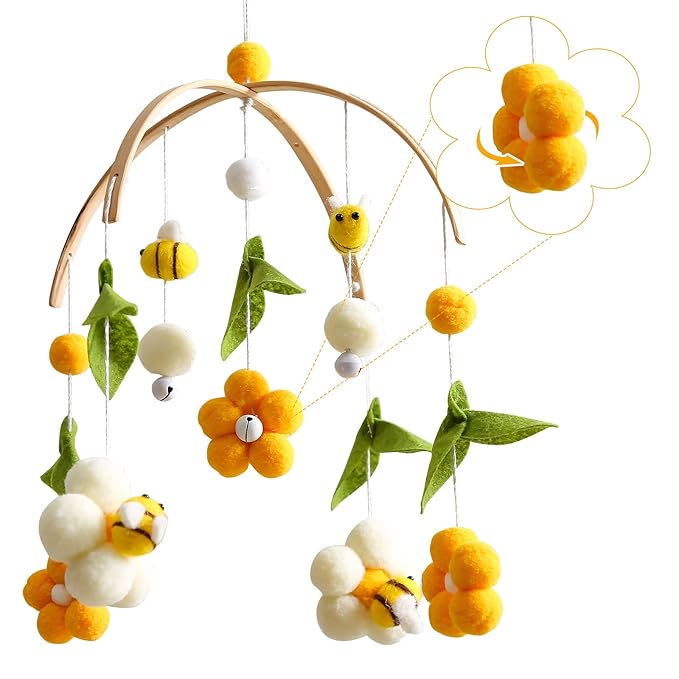 OESSUF Baby Mobile for Crib Crib Nursery Mobile for Boys Girls Boho Bee Flower Nursery Decor Soothe Toy Baby Shower Set for Infant Bedroom Hanging Decoration Toy(Bee)