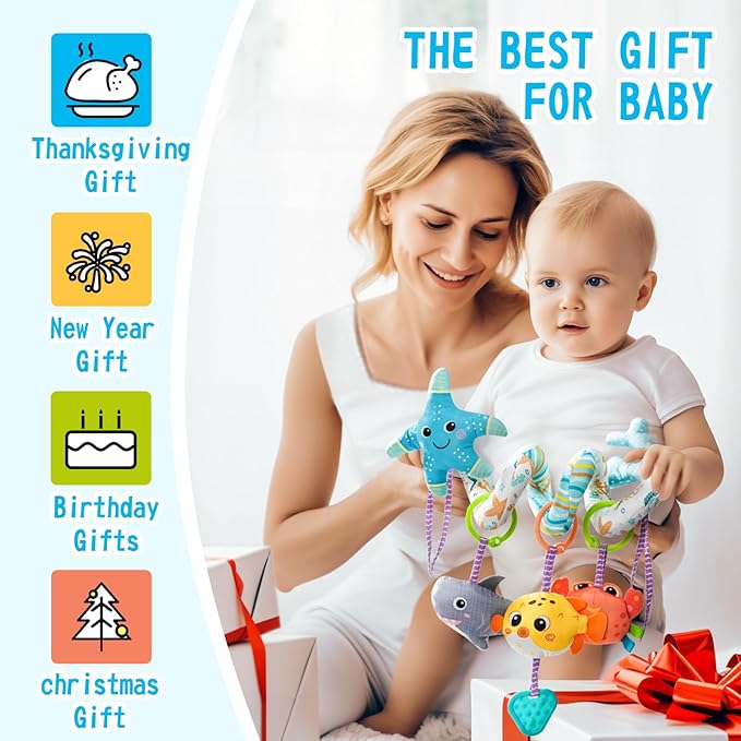 Jollybaby Crib Stroller Car Seat Toys for Baby 0-3-6-9-12 Months, Tummy Time Hanging Sensory Toys for Newborn with Music Box and Teether, Spiral Carseat Toy for Infant Boys Girls Gifts (Blue)