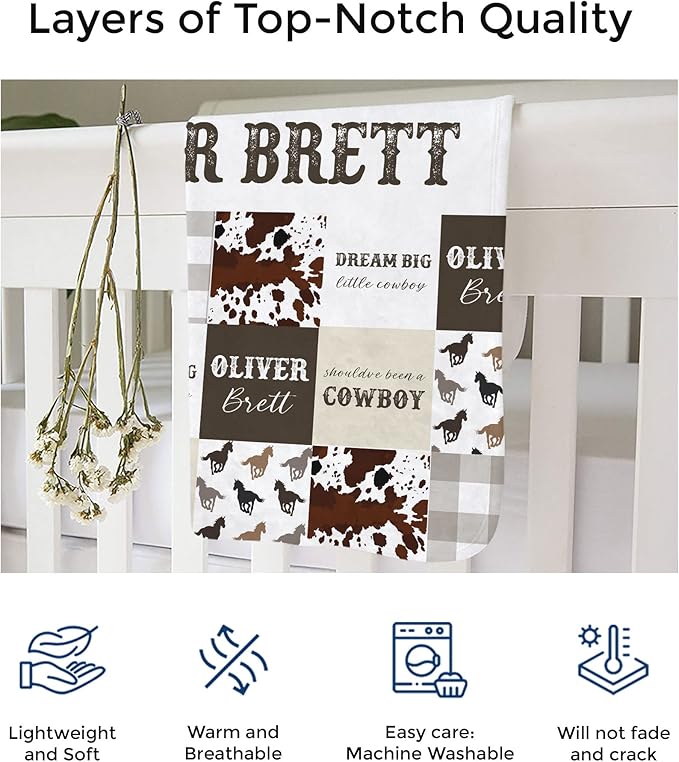 MDPrints Custom Baby Blankets for Boys and Girls, Personalized Baby Gifts, Customized Newborn Blanket with Name, Minky Plush Fleece (Cowboy 580a)