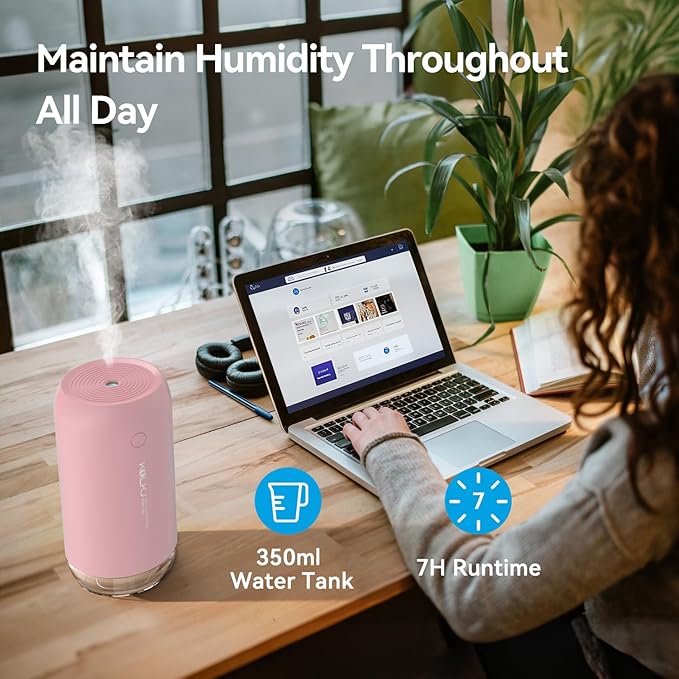 Portable Mini Humidifier, KQLKJ 350ml Small Cool Mist Humidifiers, USB Personal Desktop Humidifier for Bedroom Car Office Travel with Auto Shut-Off & 2 Mist Modes (Pink)