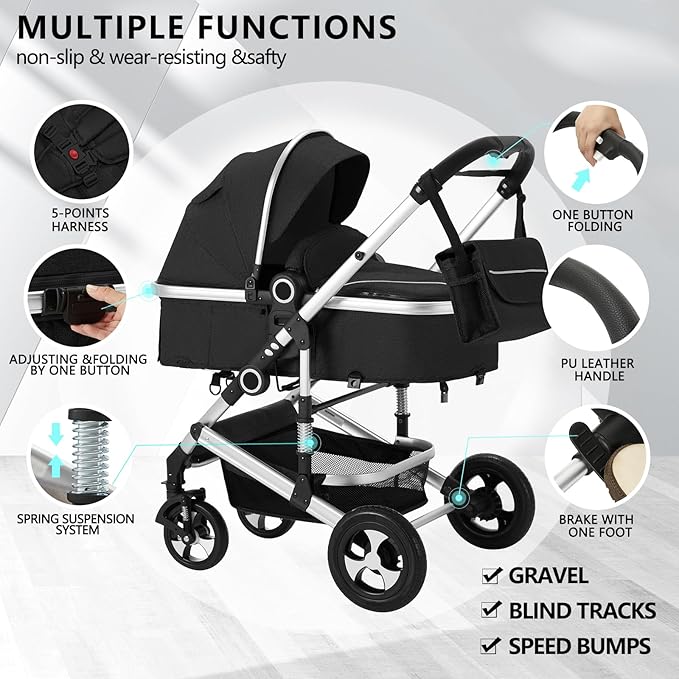 Kinder King 2 in 1 Convertible Baby Stroller, Folding High Landscape Infant Carriage, Newborn Reversible Pram, Adjustable Canopy, Diaper Bag, Anti-Shock Toddler Pushchair Stroller, Black
