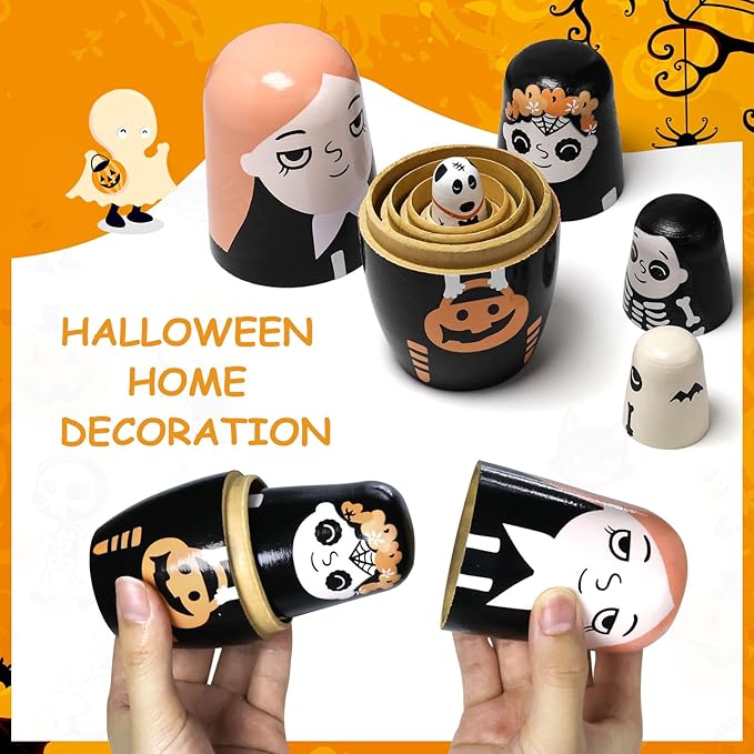 Halloween Nesting Dolls, 5Pcs 6"" Tall Russian Nesting Dolls, Handmade Matryoshka for Kids, Wooden Stacking Toys for Halloween Home Party Decorations (Pumpkin Girls)