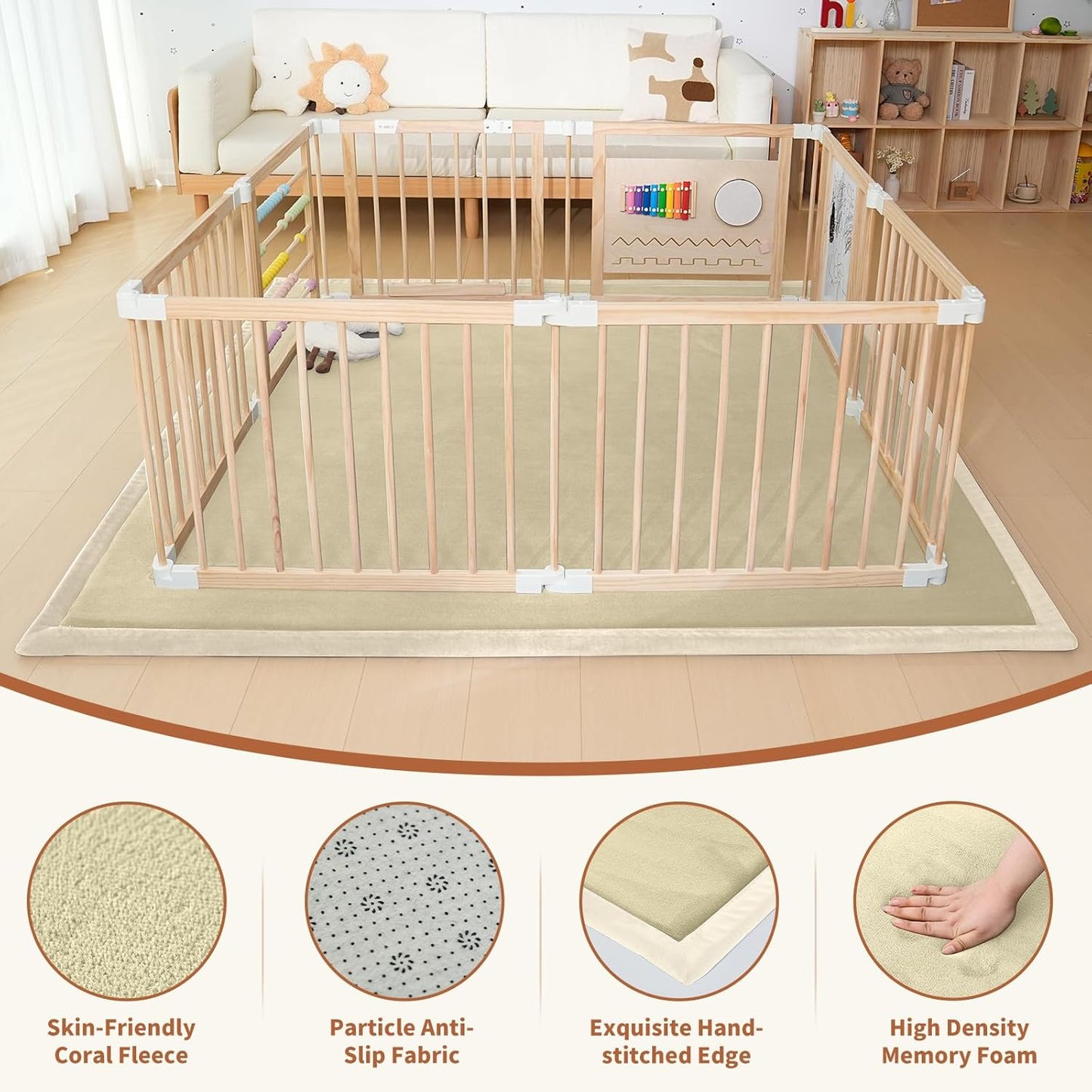 SUNYRISY Baby Play Mat for Floor 70 x 80in, 1.4in Thick Memory Foam Padded Play Mats Baby Rug, Soft Velvet Infants Toddler Kids Crawling Mat for Nursery, Non-Slip Bottom, Beige