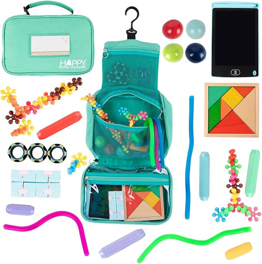 Travel Essentials for Kids – All-in-One Hanging Bag with Kid Toys, Road Trip Activities for Kids, Sensory Toys & Travel Games for Airplane Trips, Car Rides, Gifts for Boys & Girls 4+ Years (Seafoam)