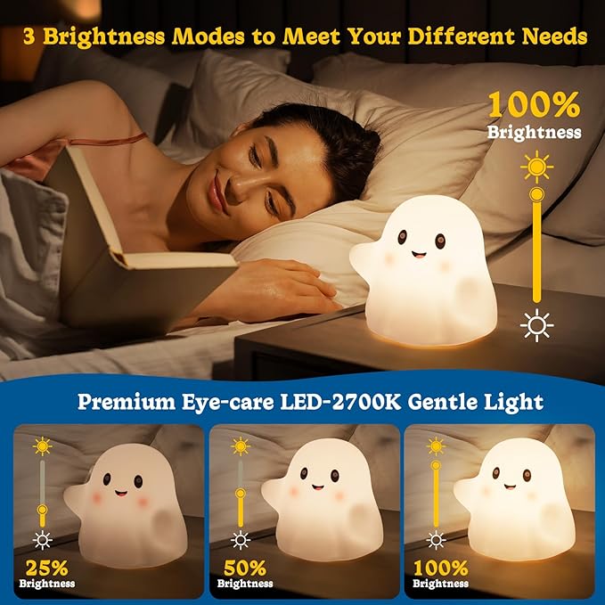 Ghost Night Light for Kids, Silicone Nursery Nightlight, RGB Rainbow Color-Changing/30-Min Timer/Touch Sensor/Rechargeable/Sounds & Sleep Music Halloween Ghost Light Decor Lamp