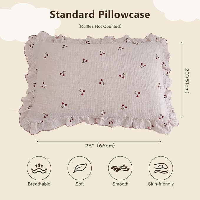 BuLuTu Cotton Muslin Ruffle Edge Kids Toddler Pillowcase Standard,Cherry Pattern Soft Travel Pillow Nursery Pillowcase for Boys,Girls,Bedding Decor Machine Washable, Durable Pillowcase 1 Piece