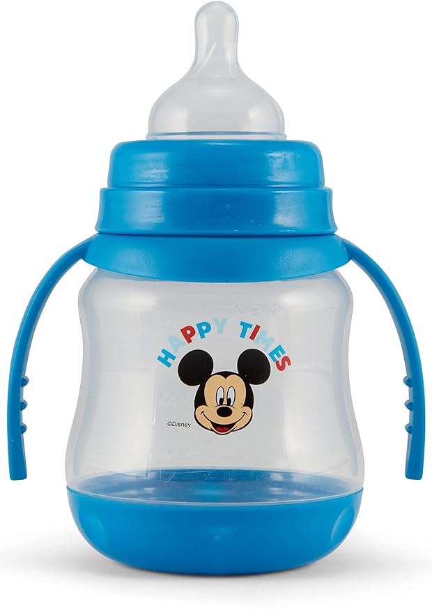 Disney 2 Pack 7 Ounce Baby Bottles with Character Prints and Colored Covers with Double Handle - BPA Free and Easy to Clean