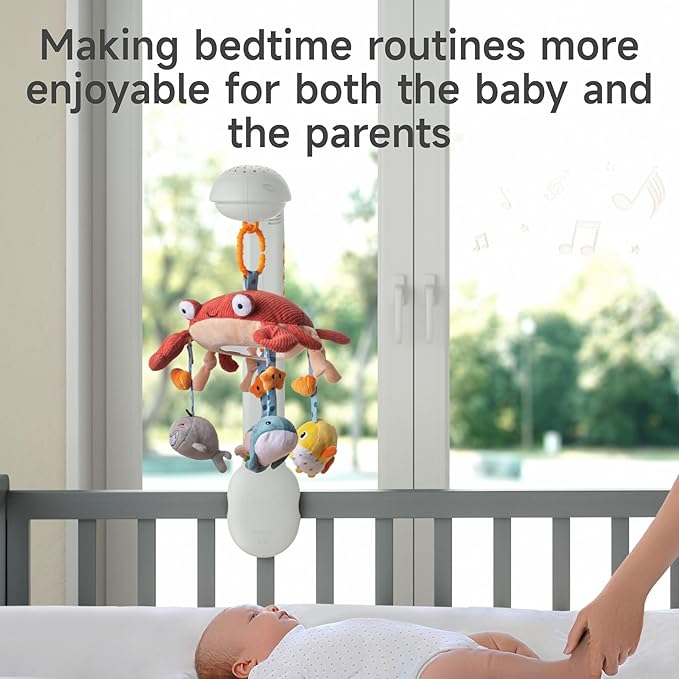 Tumama Baby Crib Mobile with Projection Night Light, Music and White Noise, Soft Plush Mirror Hanging Toys, Mute Spin Motor Nursery Toys for Infant 0-3, 6-9 Month Newborn Xmas Gift (Crab)