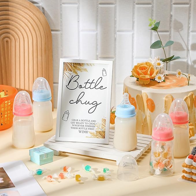 Roowest Bottle Chug Baby Shower Game Favors Including Boho Theme Wooden Sign and 18 Pcs Baby Bottles for Gender Reveal Party Supplies