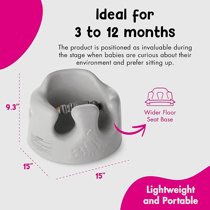 Bumbo Baby Infant Soft Foam Comfortable Support Wide Floor Seat with 3 Point Adjustable Harness for Ages 3 to 12 Months, Cool Grey