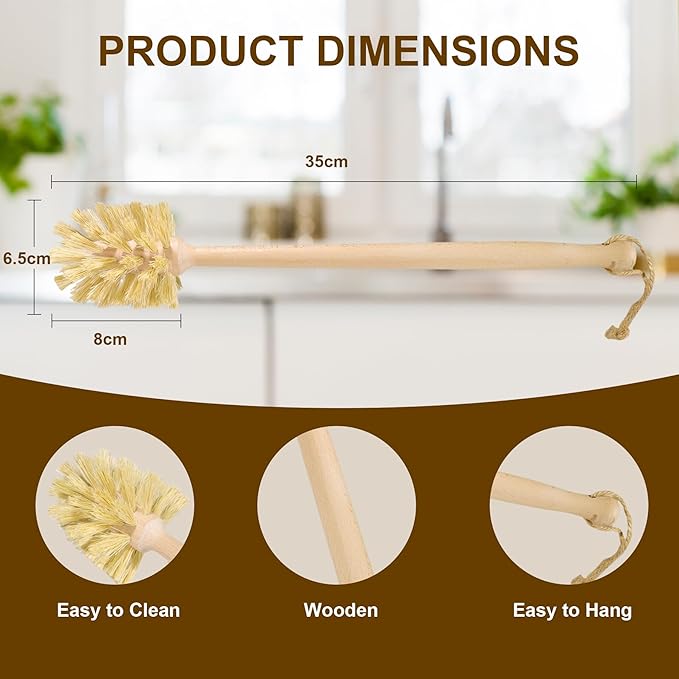 2-Pack Natural Wooden Bottle Brush with Sisal Bristles, Long Handle Bottle Brush Cleaner for Wide Mouth Jars, Water Bottles, Cups, Glasses, Baby Bottles (Non-Scratch)