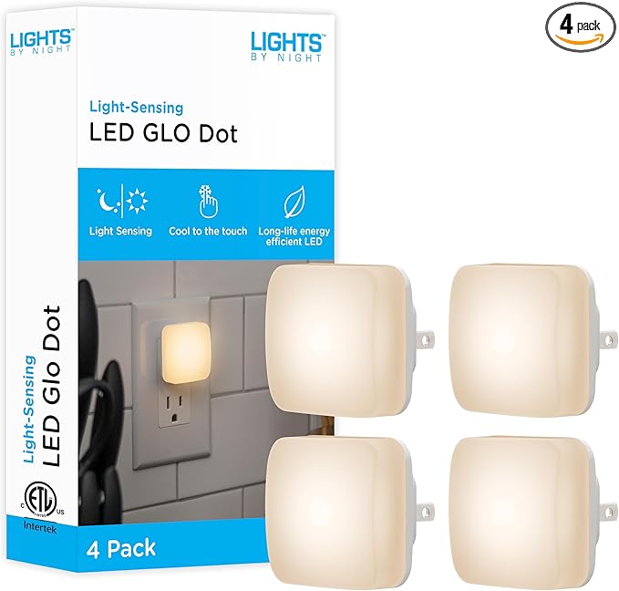 Lights By Night Mini Square LED Night Lights Plug Into Wall, Dusk to Dawn Sensor, Compact, Ambient Lighting, for Kids or Adults, Bedroom, Bathroom, Nursery, Hallway, 4 Pack, 82488