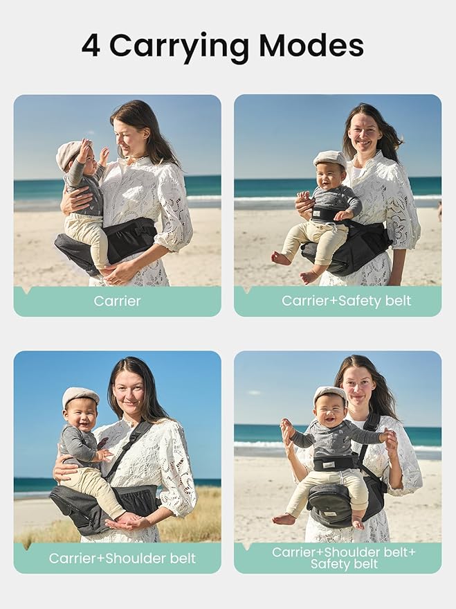 Baby Hip Carrier, GROWNSY Supportive Hip Carrier with Safety Belt for Baby Toddler Up to 50lbs, Large Capacity Pockets, Adjustable Waistband for Different People, Black