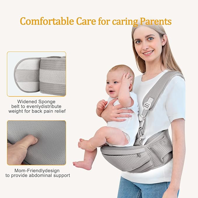 Baby Hip Carrier - Hip Carrier for Baby with Baby Safety Strap - Toddler Carrier 7-45 lbs - Ergonomic Infant Holder Baby Carrier with Hip Seat Large Capacity Pockets（Light Grey）