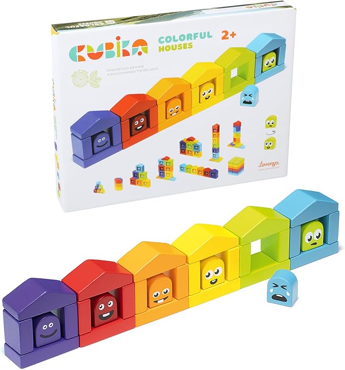 CUBIKA Wooden Construction Set Colorful Houses – 24-Piece Construction Play Set with Emotion Characters for Toddlers 2+– Montessori Toy for Creativity, Cognitive Development, and Emotion Recognition