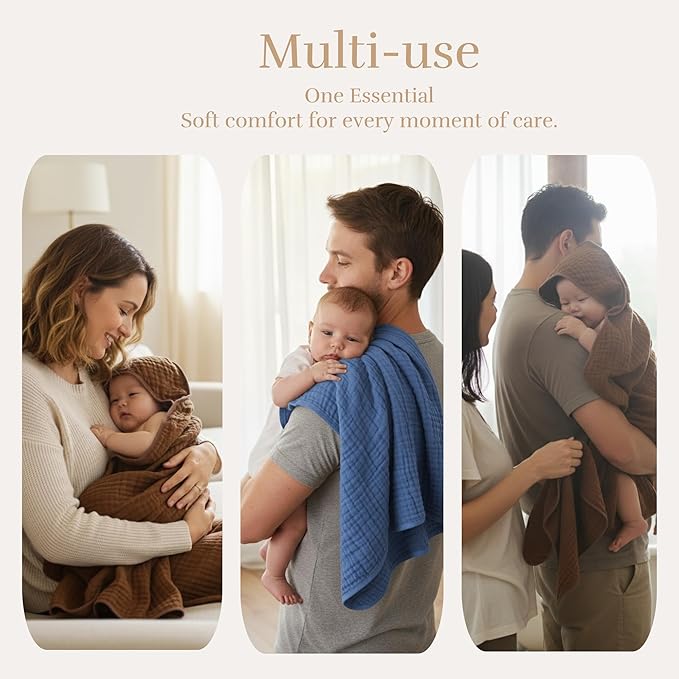 4-Piece Muslin Bath Towel Set - Perfect for New Moms, 32x32 Inch, 6-Layer Ultra-Soft Cotton, Ideal for Infants (Coffee & Blue)