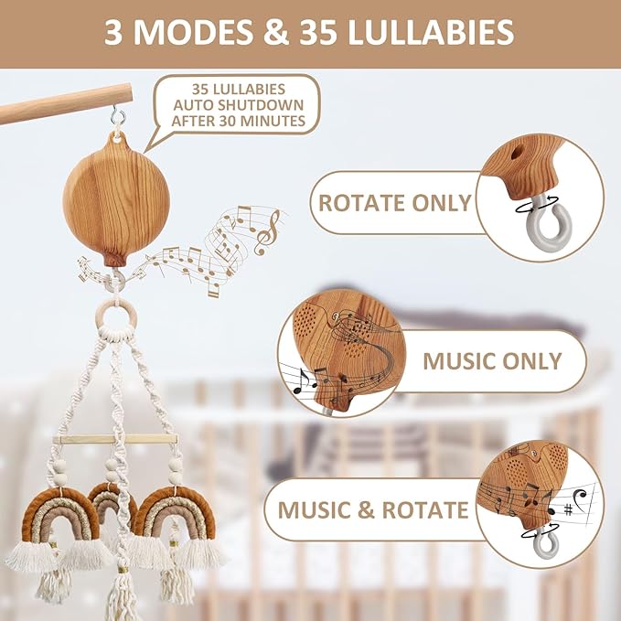 Floor-Standing Crib Mobile Arm with Music Box - 65 Inch Wooden Mobile Arm for Crib - Crib Mobile Motor - Volume Control - 35 Lullabies - Wooden Nursery Decor - Baby Mobile Hanger