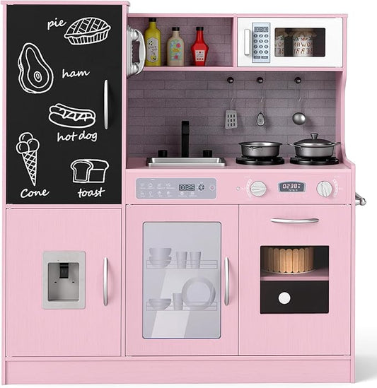 HONEY JOY Upgrade 39 in Kids Kitchen Playset, Large Wooden Little Chef Pretend Toy Kitchen Set w/Chalkboard, Telephone, Utensils, Oven, Microwave, Sink, Storage, Play Kitchen for Toddlers, Pink